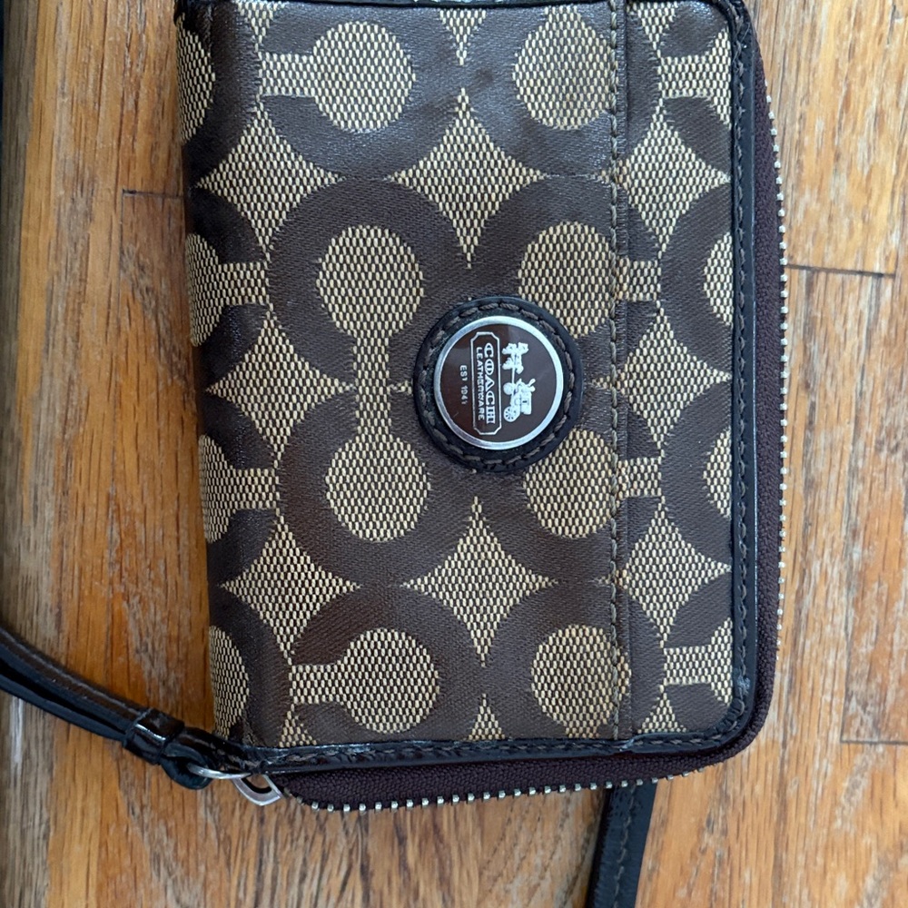 Coach Tan and Black Signature Wristlet